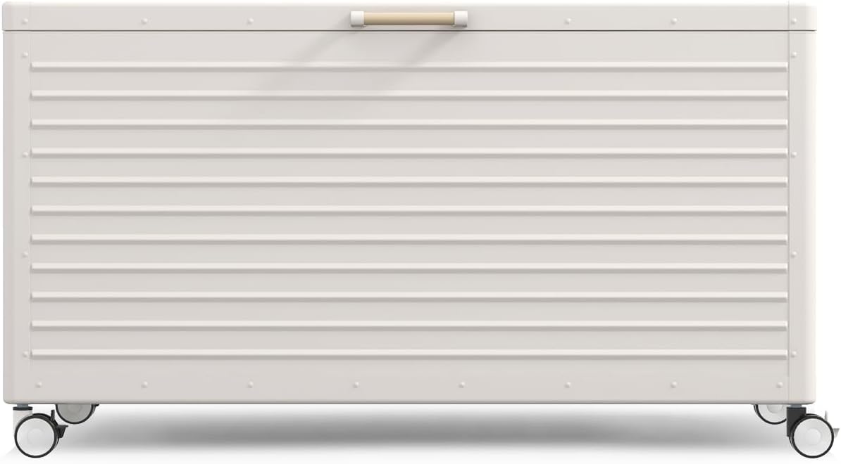 175 Gallon Outdoor Storage Box Waterproof with Wheels, Metal Deck Box for Patio Furniture, Garden Tools, Outdoor Cushion, Latte-VerdiqueGarden