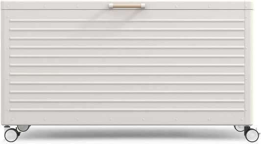 175 Gallon Outdoor Storage Box Waterproof with Wheels, Metal Deck Box for Patio Furniture, Garden Tools, Outdoor Cushion, Latte-VerdiqueGarden