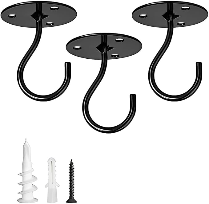 Ceiling Hooks for Hanging Plants-Heavy Duty Wall Mount Hanger Bracket for Hanging Bird Feeders, Lanterns, Wind Chimes, Planters, Outdoor Decoration (3 Pack) (Black)-VerdiqueGarden