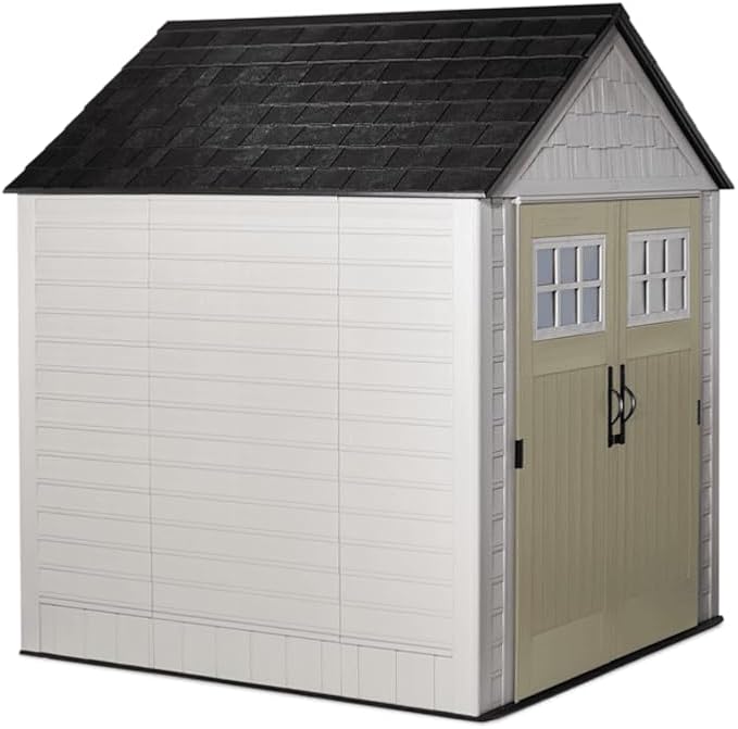 Rubbermaid 7 Foot by 7 Foot Weatherproof Outdoor Storage Shed for Garden Tools and Lawn Machinery Organization with Lockable Double Door Sandstone-VerdiqueGarden