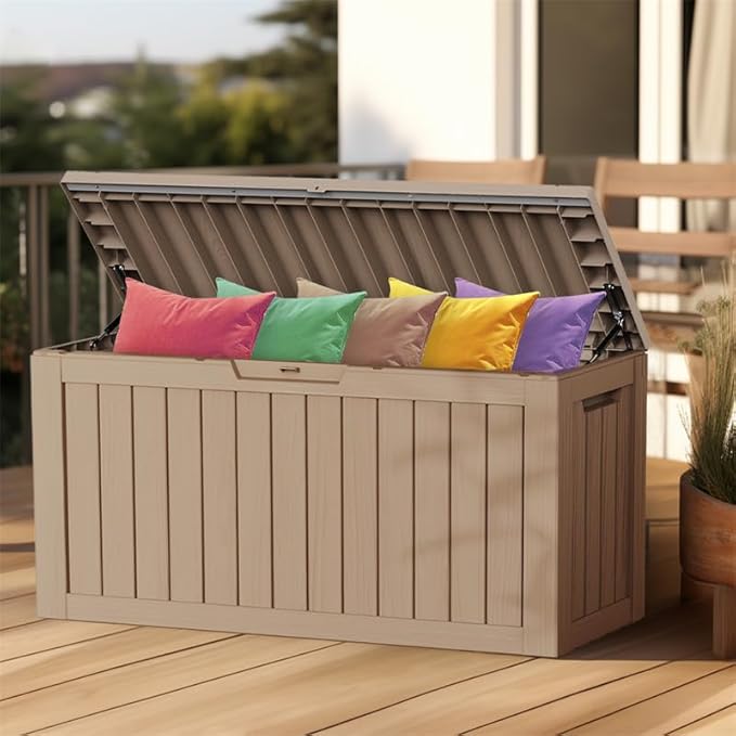 80 Gallon Outdoor Deck Box,Storage Lockable Waterproof Patio Furniture,Garden Tools,Cushions,Pool Accessories Outside Storage Resin Box(Gery)-VerdiqueGarden