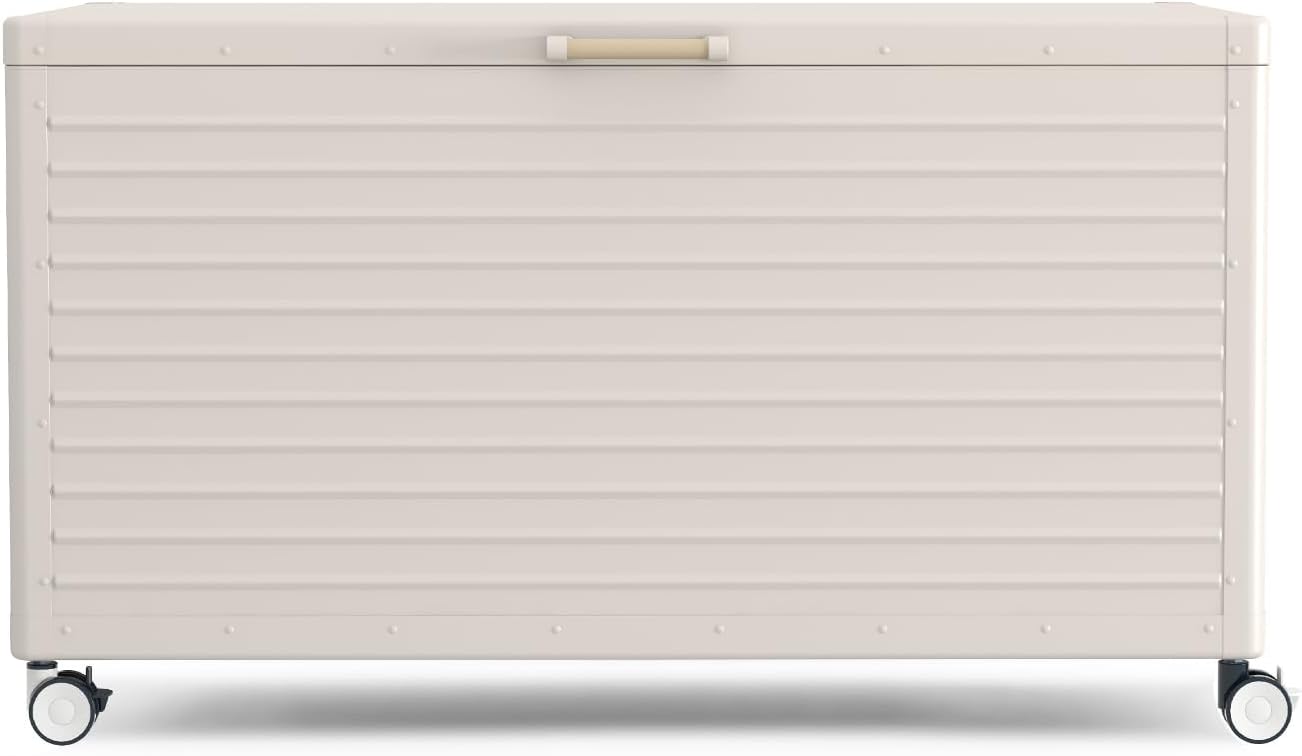134 Gallon Outdoor Storage Box Waterproof with Wheels, Metal Deck Box for Patio Furniture, Garden Tools, Outdoor Cushion, Latte-VerdiqueGarden