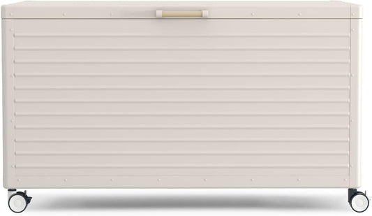 134 Gallon Outdoor Storage Box Waterproof with Wheels, Metal Deck Box for Patio Furniture, Garden Tools, Outdoor Cushion, Latte-VerdiqueGarden