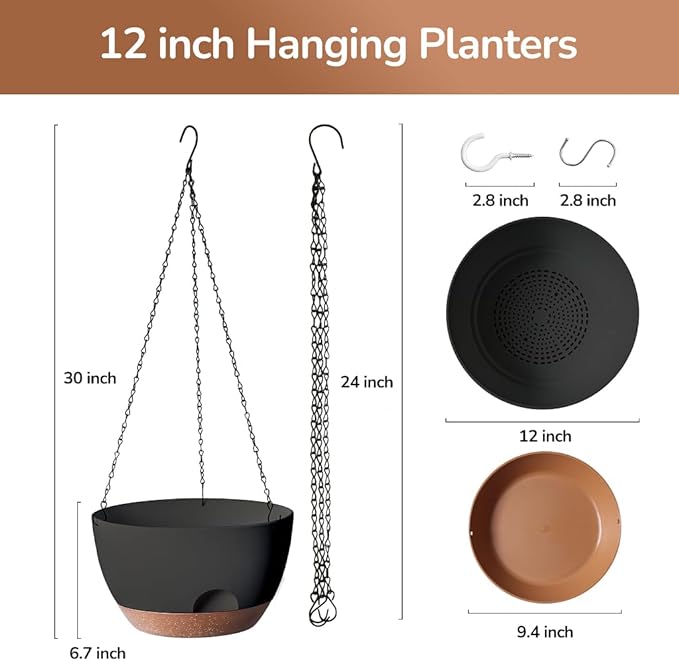 12 Inch Hanging Baskets for Plants Outdoor, Hanging Planters for Indoor Outdoor Plants, Hanging Planter with Self Watering, Hanging Flower Pots (Black)-VerdiqueGarden