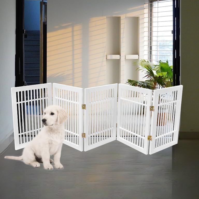 Pet Dog Gate Strong and Durable Freestanding Folding Acacia Hardwood Portable Wooden Fence Indoors or Outdoors by Urnporium (White Pet Gate, 5 Panel 24" Tall)-VerdiqueGarden