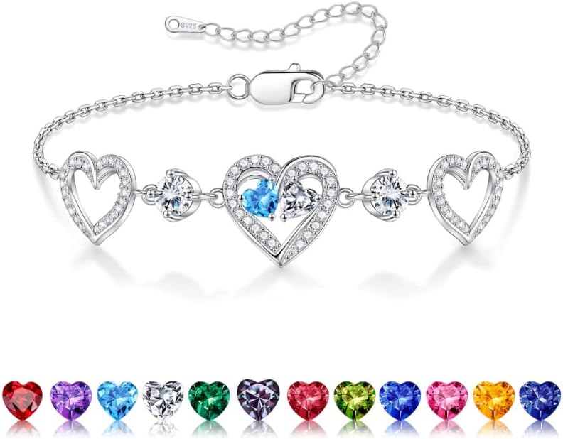 Iefil Valentines Day Gifts for Her - 925 Sterling Silver Heart Birthstone Bracelet Birthday Anniversary Jewelry Gifts for Her Wife