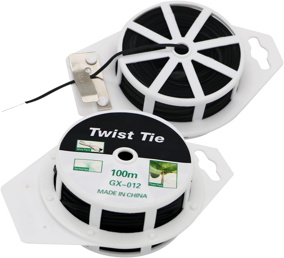 (2 Reels) Garden Wire, Twist Ties Heavy Duty with Cutter 328 Ft Multi-Function Black Coated Tape to Support Plant Tie Up Bags for Home Office Black(328 Feet / 100 m)-VerdiqueGarden