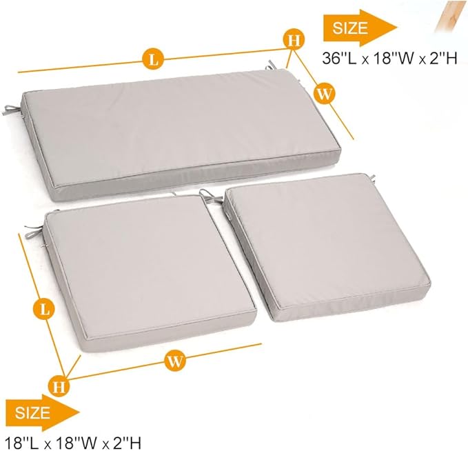 3-Pack Outdoor Patio Furniture Replacement Cushions Set–High-Elastic Sponge Cushions Fit 4-Piece Wicker Rattan Sofa, Loveseat & Chairs, 36x18x2 & 18x18x2, Waterproof, Fade-Resistant (Light gray)-VerdiqueGarden