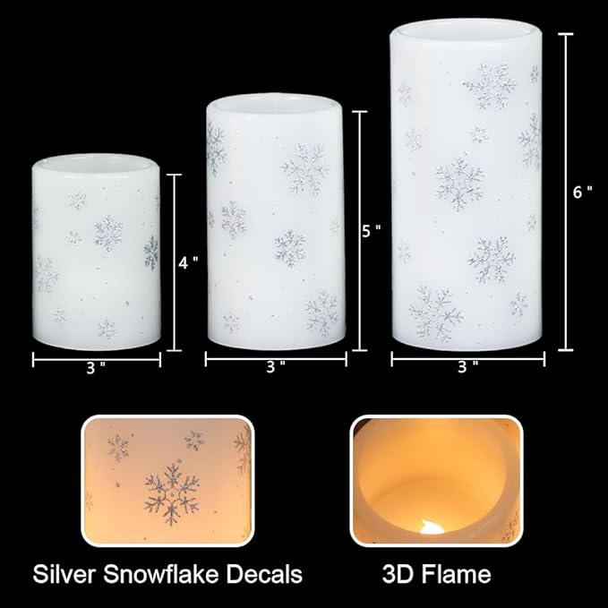 KunSween Christmas Flameless Candles with Timer, 3 Pack LED Pillar Candles with Silver Snowflake Decals and Real Wax, Christmas Winter Decorations for Home Indoor Table Centerpieces-VerdiqueGarden