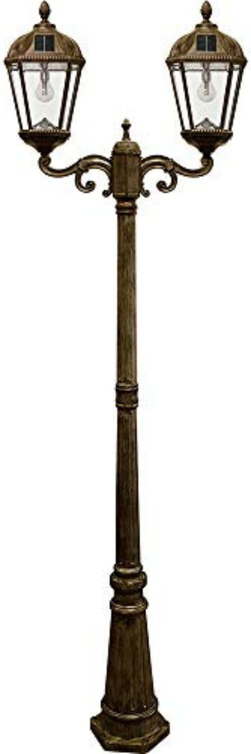 Gama Sonic Outdoor Solar Lamp Post Light Kit, Royal Bulb 300 Lumens, Double Head Weathered Bronze Cast Aluminum Post Lamp and Light Pole, Warm White Light 2700K, 98B302 (Upgraded Battery and Panel)-VerdiqueGarden