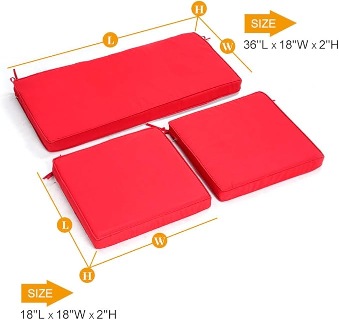 3-Pack Outdoor Patio Furniture Replacement Cushions Set–High-Elastic Sponge Cushions Fit 4-Piece Wicker Rattan Sofa, Loveseat & Chairs, 36x18x2 & 18x18x2, Waterproof, Fade-Resistant (Wine red)-VerdiqueGarden
