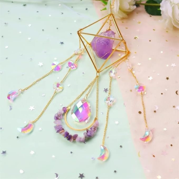 Suncatcher Amethyst Crystal Boho Decor, Spiritual, Purple Gemstone Sun Catcher Hanging for Windows, Rainbow Maker, Crystal Boho Hanging, Natural Stone (Amethsyt)-VerdiqueGarden