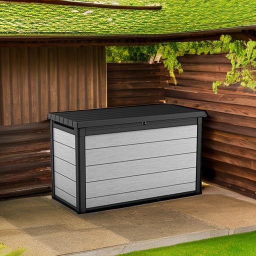 Keter Denali 200 Gallon Resin Large Deck Box with Double Wall 20mm Panels - Paintable and Drillable-Organization and Storage for Patio Furniture and Outdoor Items, Grey & Black-VerdiqueGarden