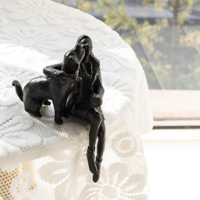 Cast Iron Sitting Woman and Dog Statue, Love Figurine, Gifts for Dog Lovers, Memorial Gifts for Women and Girls, Black-VerdiqueGarden