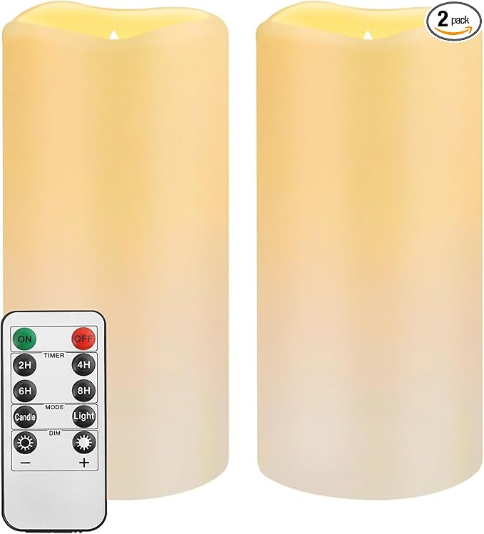 Waterproof Flameless Remote Control Candles 2PACK(D3''*H5.5'')Battery Operated Flickering LED Pillar Candle,plastic with 10-Key 24Hours Timer for Outdoor/Indoor Party Garden Lanterns Porch Ivory-VerdiqueGarden