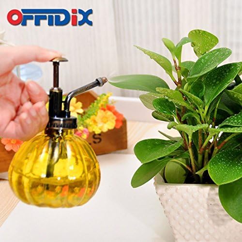 OFFIDIX Yellow Glass Watering Can Indoor, 6.3" Tall Vintage Style with Bronze Plastic Top Pump One Hand Spray Bottle-VerdiqueGarden