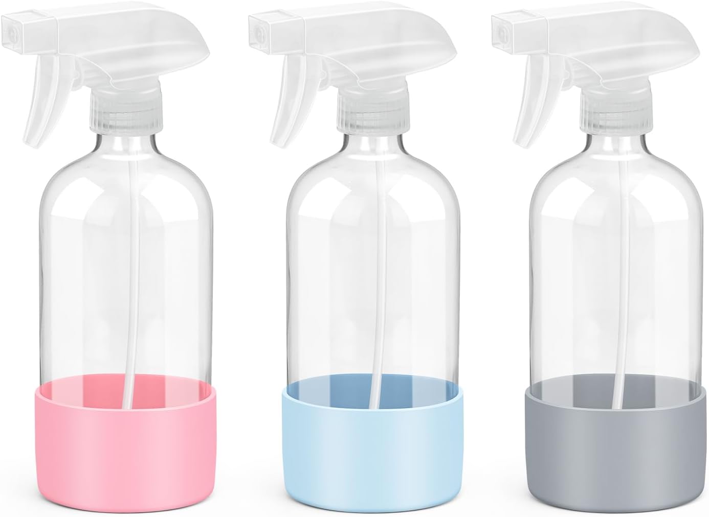 Glass Spray Bottles with Silicone Sleeve Protection, Empty 16 oz Refillable Containers, Reusable Spray Bottles with Adjustable Nozzle for Hair, Cleaning Solutions, 3 Pack Grey&Blue&Pink-VerdiqueGarden