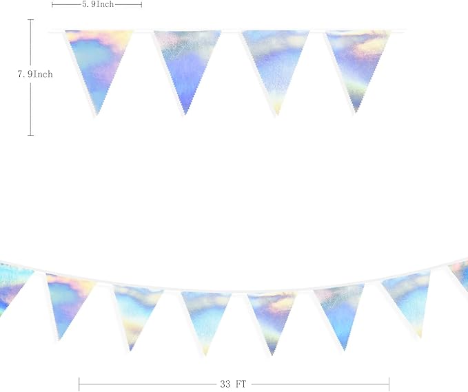 33Ft Iridescent Party Decoration Holographic Fabric Triangle Pennant Banner Flag Cotton Bunting Garland for Birthday Wedding Bridal Shower Bachelorette Engagement Disco Euphoria Galaxy Party Supplies-VerdiqueGarden