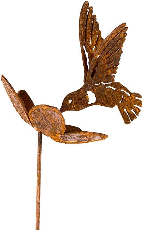 Hummingbird and Flower Garden Stake | Steel Construction with Real Rust Finish | Made in USA-VerdiqueGarden