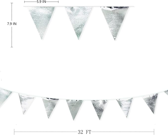 Silver Party Decorations Metallic Fabric Triangle Pennant Banner Silver Flag Bunting Garland for Graduation Birthday Wedding Bridal Shower Anniversary Engagement Bachelorette Party Decoration Supplies-VerdiqueGarden