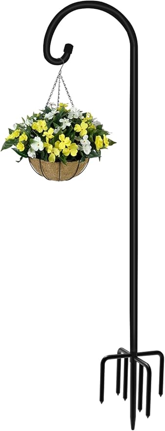 108 inch Outdoor Shepherd Hook with 7 Prong Base (1 Pack), Adjustable Heavy Duty Garden Hanging Stake for Bird Feeder Solar Light Plant Hanger Wedding Decor, Matte Black-VerdiqueGarden