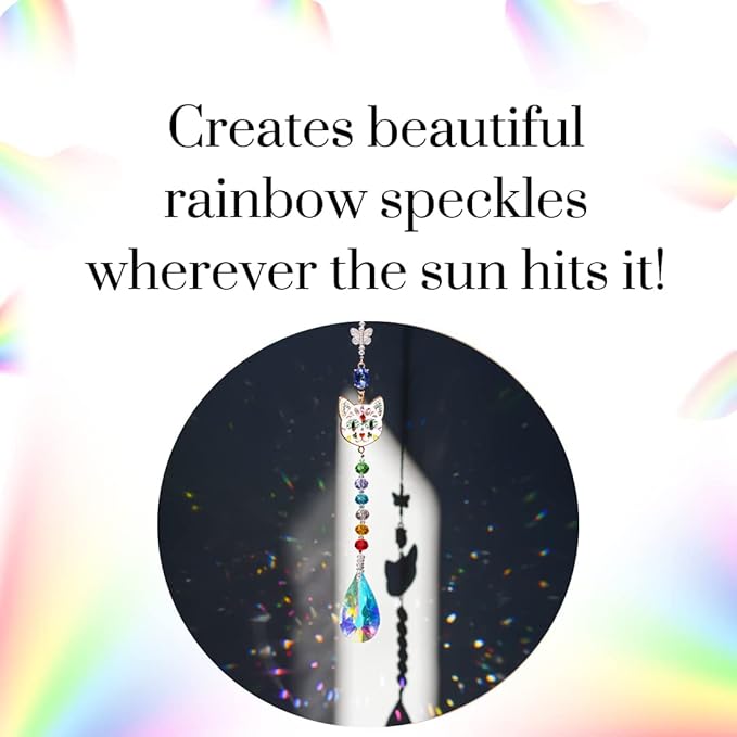 Crystal Rhinestones Suncatcher Cat Face Shaped with Butterfly Window Hang Pendant, Rainbow Crystal Colorful Prisms Ornament Gift Christmas Tree Decoration-VerdiqueGarden