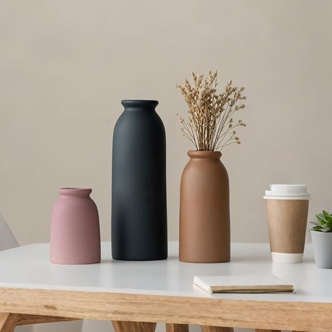 Ceramic Vase Set-3, Small Flower Vases for Decor, Modern Boho Farmhouse Style, Decorative Vases for Pampas Grass & Dried Flowers, Distressed Finish (Light Coffee)-VerdiqueGarden