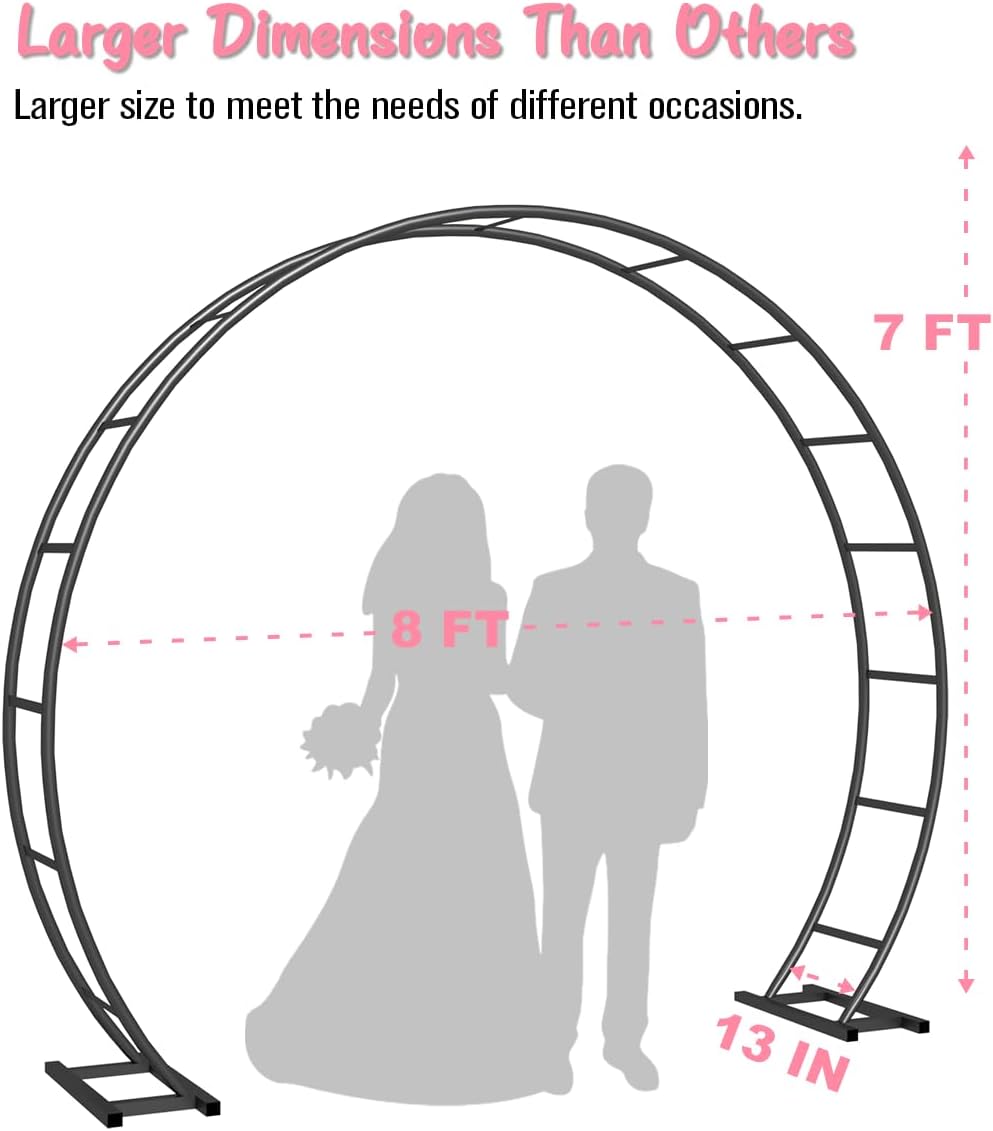 Queension Metal Arch Backdrop Stand 8Ft Wide 7Ft High, Wedding Arch Frame for Wedding Decorations, Balloon Arch Stand with Base for Ceremony, Outdoor Garden Arch Trellis for Climbing Plants, Black-VerdiqueGarden