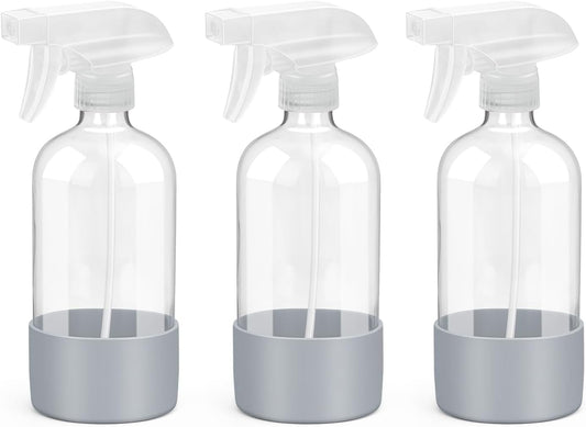 Glass Spray Bottles with Silicone Sleeve Protection, Empty 16 oz Refillable Containers, Reusable Spray Bottles with Adjustable Nozzle for Hair, Cleaning Solutions, 3 Pack Grey-VerdiqueGarden