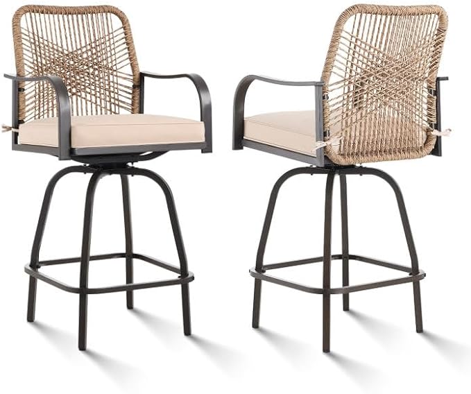 Outdoor Bar Stools Set of 2, Patio Swivel Counter Height Rattan Bar Stools, Patio Wicker Bar Swivel Chairs with Cushion, Outdoor Pool Bar Chairs for Backyard Garden Balcony w /360 Rotation-VerdiqueGarden