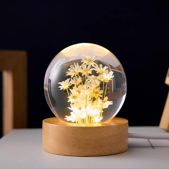 Flower Crystal Ball Night Light, 2.4 inch Glass Ball Night Lamp with Woodern Base (Yellow Daisy)-VerdiqueGarden