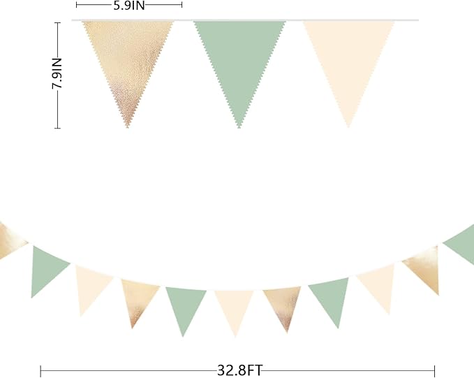 Sage Green Beige Champagne Gold Party Decorations Metallic Fabric Triangle Pennant Banner Bunting Flag Garland for Baby Shower Birthday Wedding Engagement Bridal Shower Graduation Decoration Supplies-VerdiqueGarden