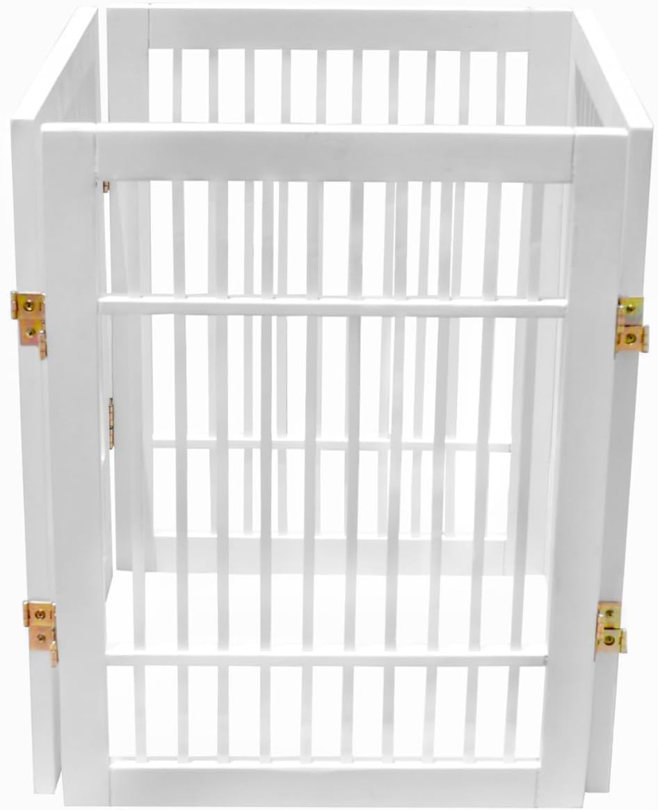 Pet Dog Gate Strong and Durable Freestanding Folding Acacia Hardwood Portable Wooden Fence Indoors or Outdoors by Urnporium (White Pet Gate, 4 Panel 24" Tall)-VerdiqueGarden