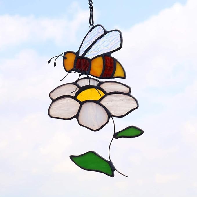 Bee Suncatcher Flower Stained Glass Window Hangings, Bee Decor Party Birthday Bee Gifts for Women,Bee Lovers, Housewarming Gifts.-VerdiqueGarden