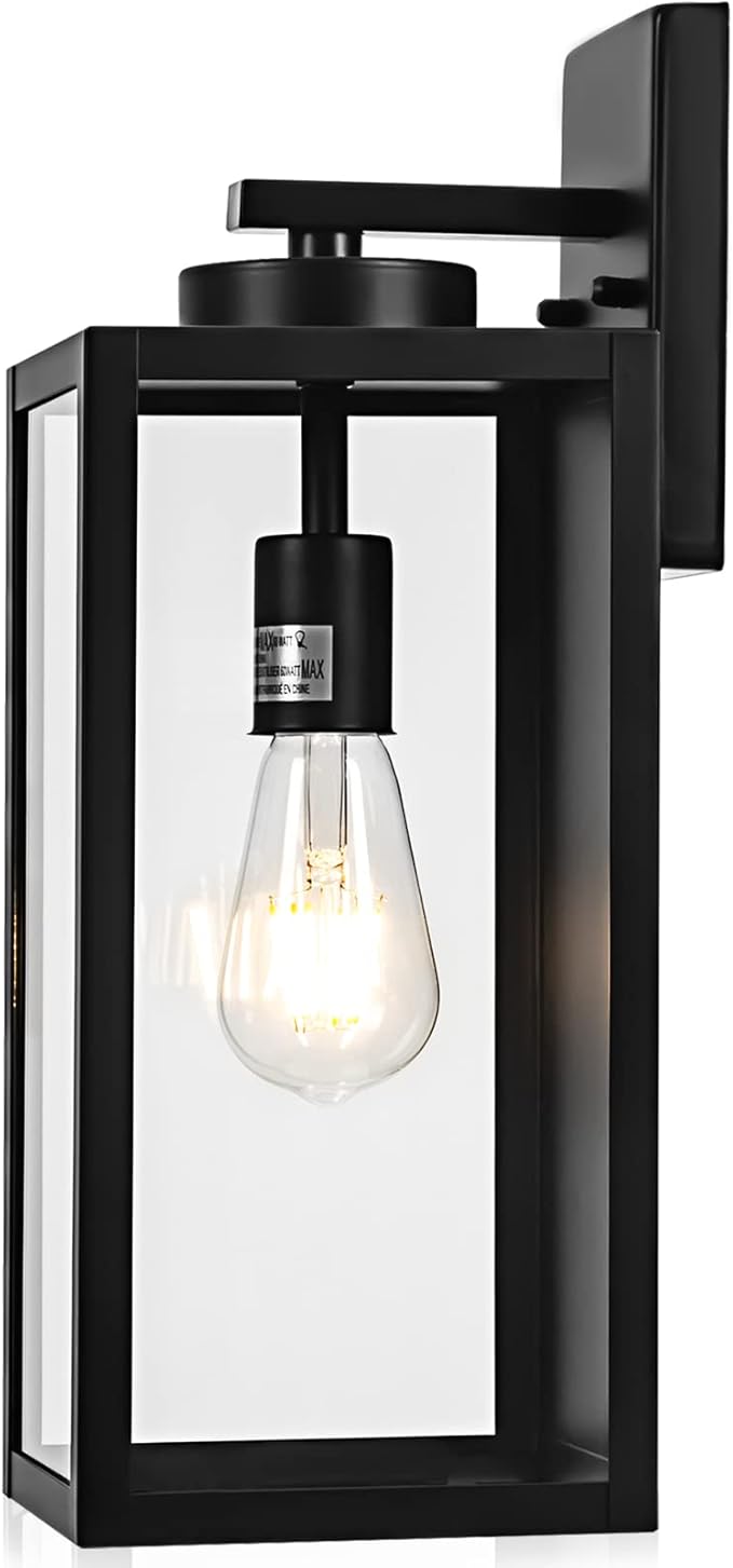 Outdoor Wall Light Fixture, Large 16" Exterior Black Lantern Waterproof, Farmhouse Porch Sconce Lighting with Glass, Modern Wall-Mounted Outside Lights for House, Garage, Patio Lamp-VerdiqueGarden