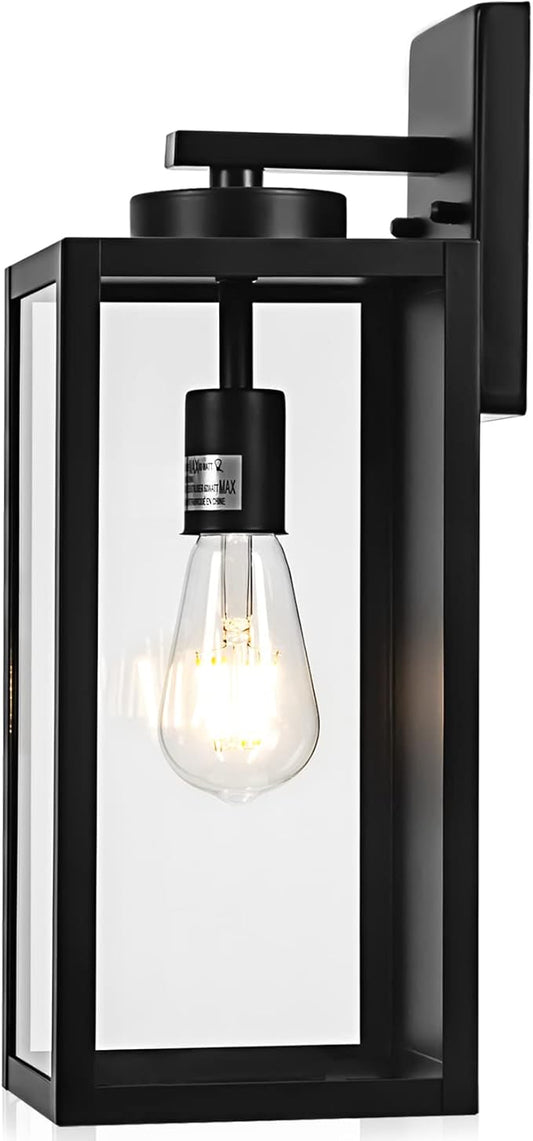 Outdoor Wall Light Fixture, Large 16" Exterior Black Lantern Waterproof, Farmhouse Porch Sconce Lighting with Glass, Modern Wall-Mounted Outside Lights for House, Garage, Patio Lamp-VerdiqueGarden