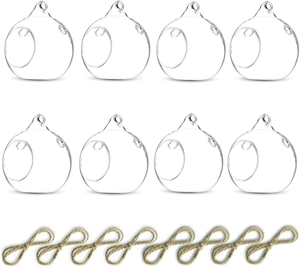 Nuptio 8 Pcs 3.15"/ 8cm Hanging Glass Tealight Holder Globe Plant Terrariums Glass Orbs Air Plants Tea Light Candle Holders Home Decor Indoor Outdoor Garden (with 2 Holes, 6 Pcs + 2 Pcs)-VerdiqueGarden