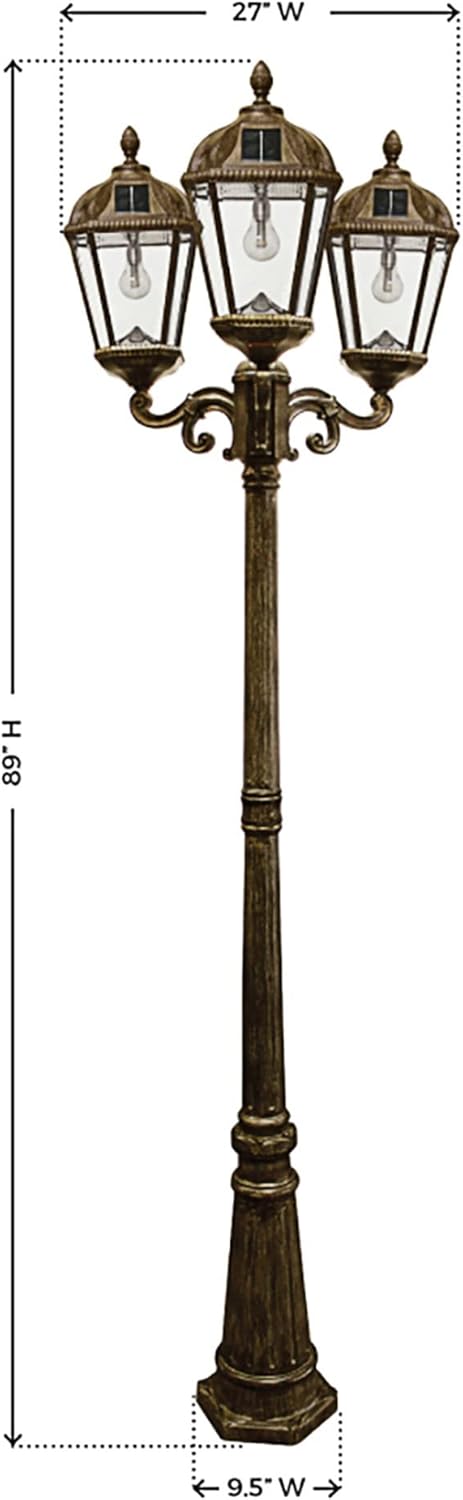 Gama Sonic Royal Bulb Solar Lamp Post Light Kit, 89 inch Tall, Outdoor Triple Head Weathered Bronze Cast Aluminum, Rain Water Glass Light Pole, Warm White 2700K 98B303 (Upgraded Panel)-VerdiqueGarden
