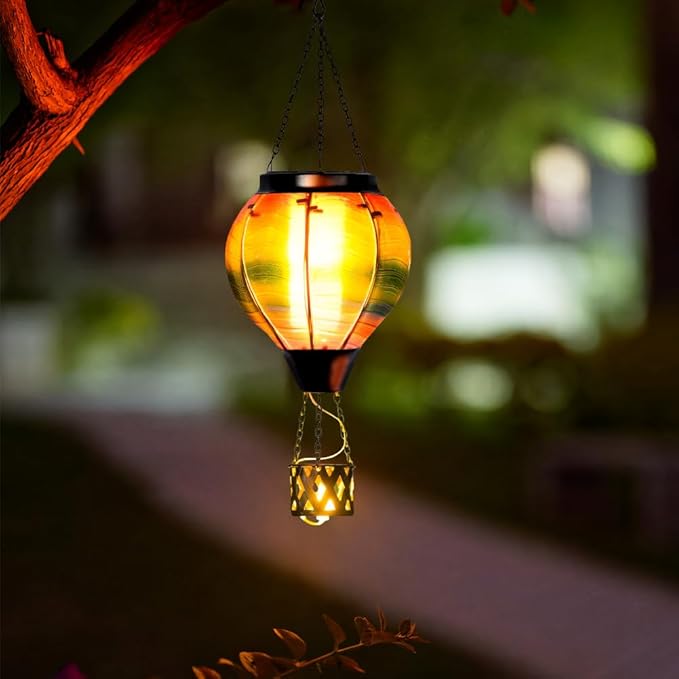 Starsoul 2 PC Solar Hot Air Balloon Lantern with Flame Multi-Color Hot Air Balloon Lantern with Candle Holder Metal & Glass Hanging Garden Light Waterproof Outdoor Lantern Decor-VerdiqueGarden