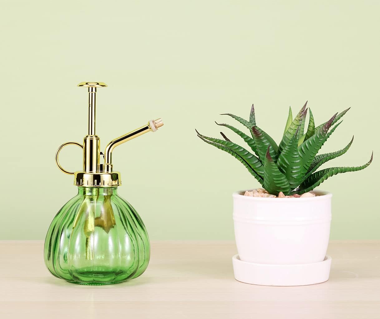 Glass Plant Mister Spray Bottle, 6.5" Green Glass Water Spray Bottle with Gold Top Pump Small Watering Can, Small Plant Sprayer Mister for Indoor Outdoor House, Green+Gold (Green+Gold C)-VerdiqueGarden