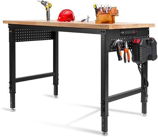 48" L×24”W Adjustable Workbench, 28”-40”Heights Heavy Duty Table 2000 LBS Load Capacity, Work Bench with Power Outlet & Pegboard, Rubber Wood Work Table for Garage, Office, Workshop, Home-VerdiqueGarden