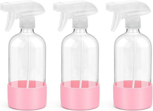 Glass Spray Bottles with Silicone Sleeve Protection, Empty 16 oz Refillable Containers, Reusable Spray Bottles with Adjustable Nozzle for Hair, Cleaning Solutions, 3 Pack Pink-VerdiqueGarden