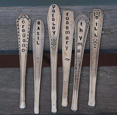 Herb Markers Set of 6 GARDEN stakes Made From Vintage Spoon Handles Oregano, Basil, Parsley, Rosemary, Thyme, Dill. Garden Markers Herb Labels-VerdiqueGarden