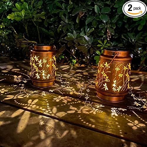 2 Pack Dragonfly Solar Lantern Lights Outdoor Decor, Hanging Metal Decorations Waterproof with LED Light, Landscape Lights for Garden Patio Yard Lawn Backyard Front Porch Gifts for Mom Grandma-VerdiqueGarden
