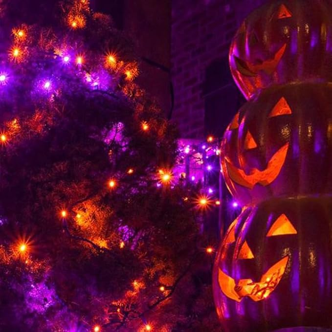 2 Pack 200 LED Solar Halloween Lights Outdoor Waterproof, Solar String Lights for Outside, Solar Tree Light with 8 Lighting Modes for Xmas Party Garden Yard Halloween Decorations (Orange and Purple)-VerdiqueGarden