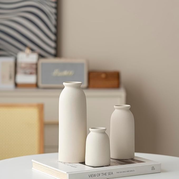 Ceramic Vase Set-3, Small Flower Vases for Decor, Modern Boho Farmhouse Style, Decorative Vases for Pampas Grass & Dried Flowers, Distressed Finish (Beige)-VerdiqueGarden