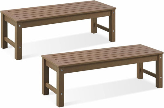 Psilvam Knight Bench Set of 2, Two Person Outdoor Poly Lumber Patio Backless Bench, Weatherproof Garden Bench That Never Rot and Fade, Suit for Church, School, Garden, Porch and Park (Brown)-VerdiqueGarden