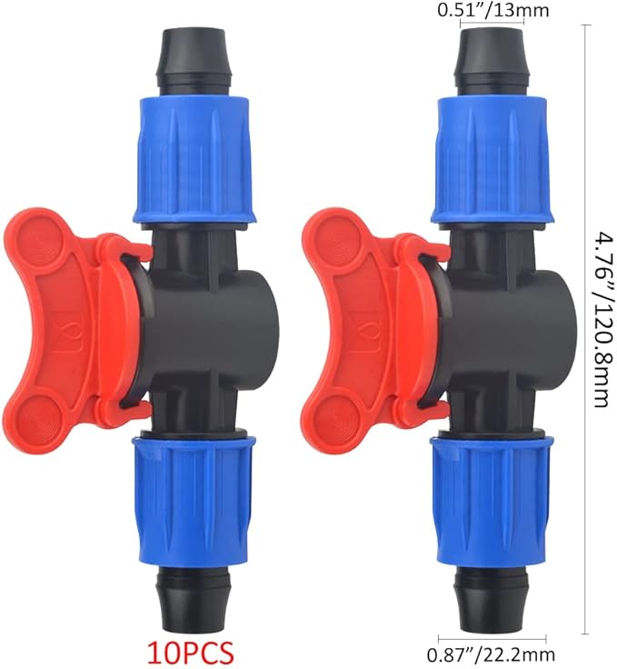 10Pack 1/2 Inch Drip Irrigation Shut-Off Valve Universal Drip Irrigation Tubing Coupling Valve Drip Connector Fitting Compatible with 16 to 17 mm Drip Tape Tubing Sprinkler System (Blue Red)-VerdiqueGarden