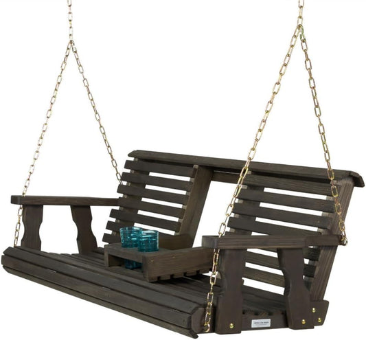Porchgate Amish Heavy Duty Console Porch Swing with Fold Down Cup Holders in Dark Walnut Stain - Amish Made in The USA from Treated Pine, Hanging Chains Included-VerdiqueGarden