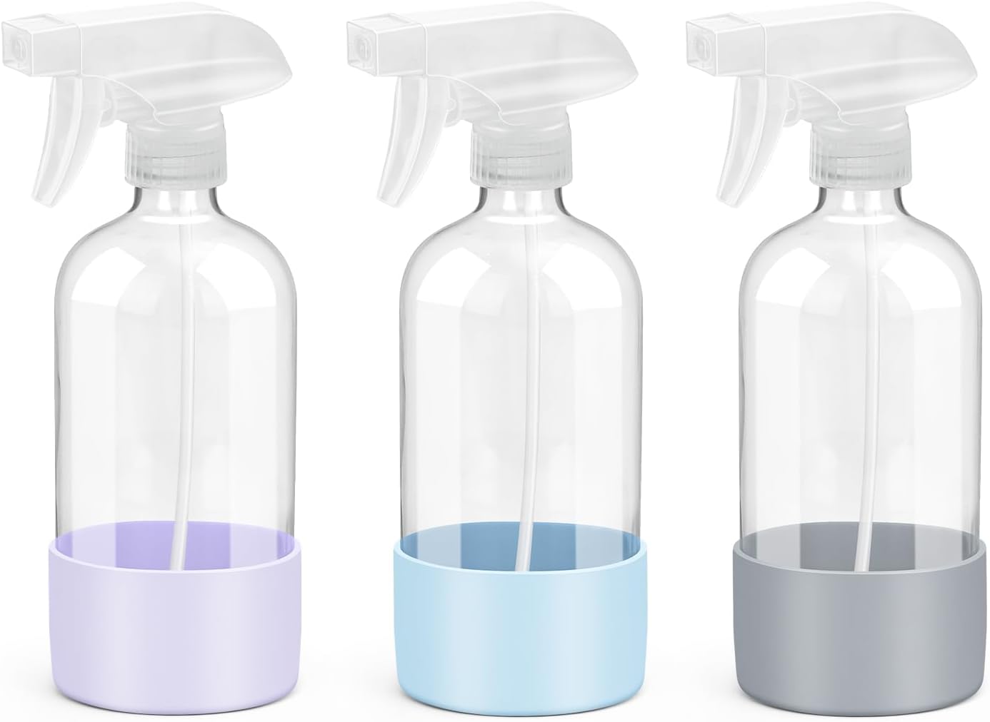 Glass Spray Bottles with Silicone Sleeve Protection, Empty 16 oz Refillable Containers, Reusable Spray Bottles with Adjustable Nozzle for Hair, Cleaning Solutions, 3 Pack Grey&Blue&Purple-VerdiqueGarden